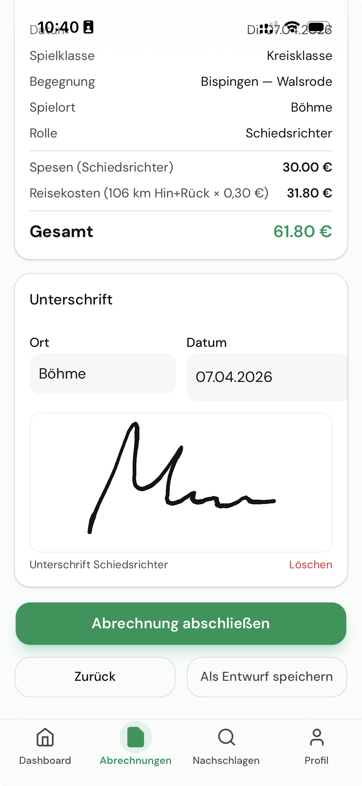 Abrechnungsdetail mit Unterschrift